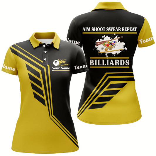 Goofygearprints Personalized Aim Shoot Swear Repeat Billiard Polo Shirts For Women, Yellow Black Billiard Jerseys