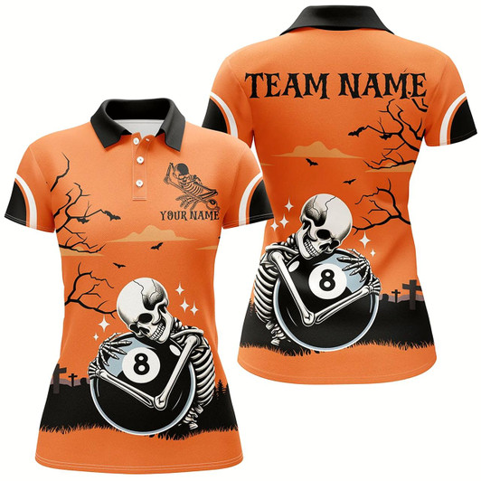 Goofygearprints Funny Skeleton Hugging 8 Ball Pool Custom Orange Halloween Women Billiard Shirts Halloween Outfit Style 1