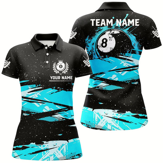 Goofygearprints Personalized Custom Turquoise Grunge Billiard 8 Ball Jerseys Shirts For Women, Best Pool Player Gifts