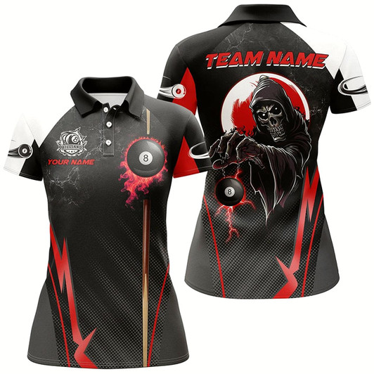 Goofygearprints Funny Death Skeleton Ball 8 Fire Custom Women Billiard Shirts, Best 8 Ball Pool Jerseys Style 1