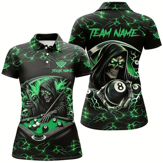 Goofygearprints Green Funny Death Skeleton 8 Ball Pool Women Billiard Shirts Custom Name Lightning Billiard Jerseys