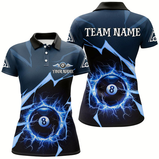 Goofygearprints Blue 8 Ball Pool Thunder Lightning Strike Custom Women Billiard Shirts, Billiard League Team Jerseys Style 2