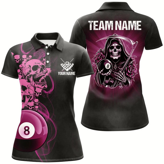 Goofygearprints Funny Skull And Rose Custom 8 Ball Billiard Shirts For Women, Pink Black Scary Billiard Jerseys