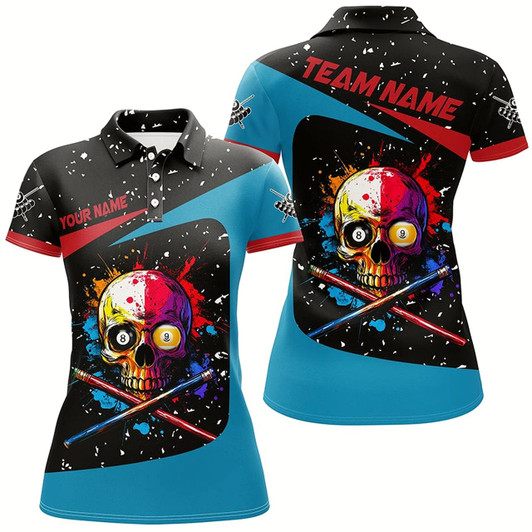 Goofygearprints Personalized Colorful Skull 8 Ball 9 Ball Billiard Shirts For Women Custom Grunge Billiard Jerseys