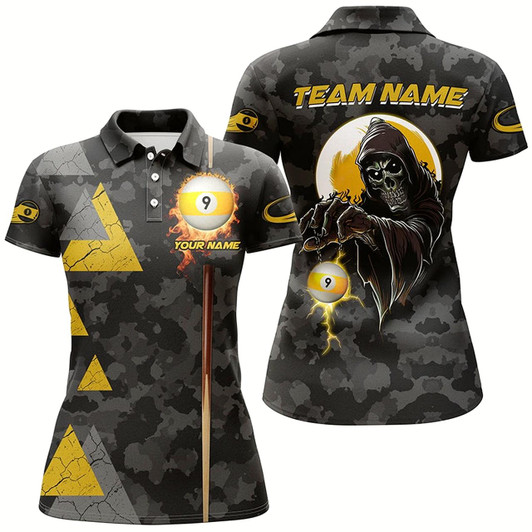 Goofygearprints Funny Death Skeleton Ball 9 Fire Custom Camo Women Billiard Shirts, Best 9 Ball Pool Jerseys Style 1