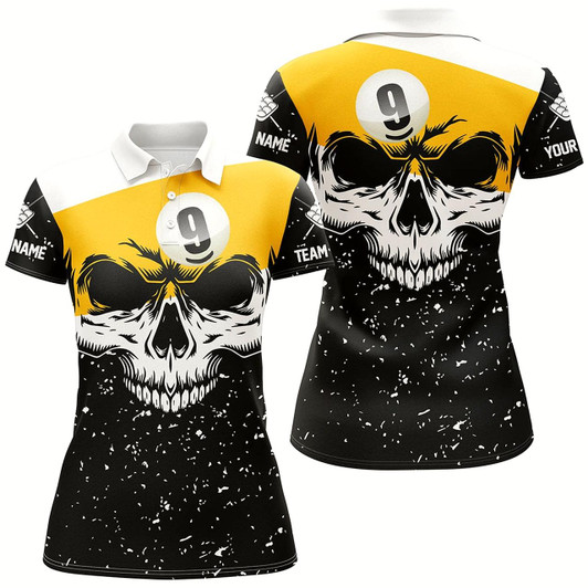 Goofygearprints Funny Skull 9 Ball Pool Custom Grunge Black White Billiard Shirts For Women, Billiard Jerseys Apparel