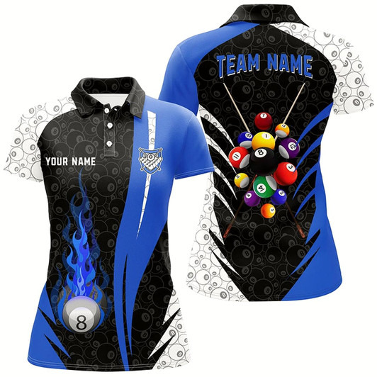 Goofygearprints Personalized 8 Ball Pattern Billiard Blue 3D Polo Shirts For Women, Custom Billiard Balls Jerseys