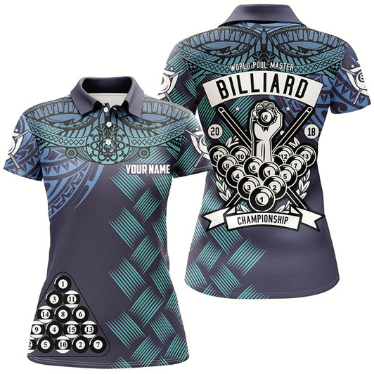 Goofygearprints Personalized Blue Tribal Pattern Billiard Championship 3D Polo Shirts For Women, 8 Ball Pool Jerseys
