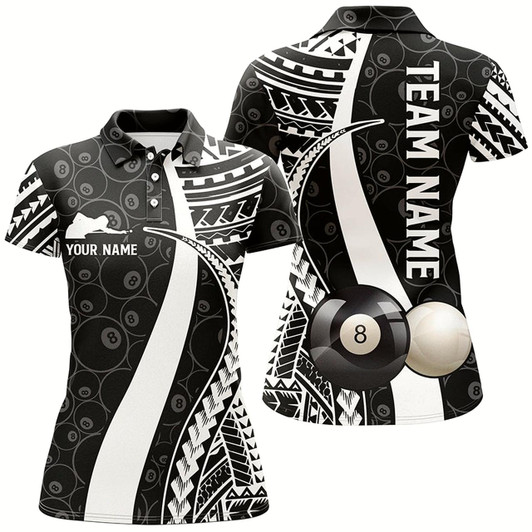 Goofygearprints Personalized Bw Tribal Custom Billiard 3D Polo Shirts For Women, 8 Ball Pattern Billiards Jerseys