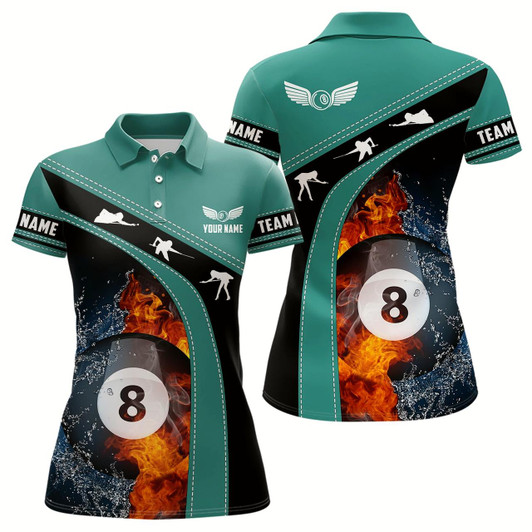 Goofygearprints Personalized Fire And Water 8 Ball Billiard Green Black 3D Polo Shirts For Women, Billiards Jerseys