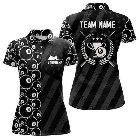 Goofygearprints Personalized Us Flag 8 Ball Billiard 3D Polo Shirts For Women, Billiard 8 Ball Trophy Emblem Jerseys