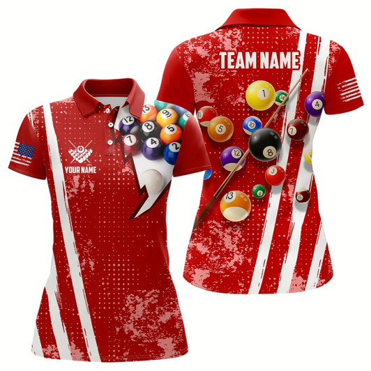 Goofygearprints Personalized Pool Player 8 Ball Pool Red Billiards Polo Shirts For Women, Us Flag Billiard Jerseys