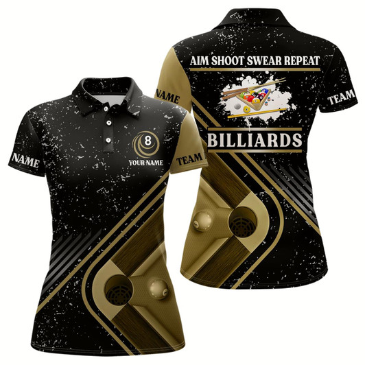 Goofygearprints Billiard Aim Shoot Swear Repeat Custom Billiard Black Grunge Polo Shirts For Women, Billiard Jerseys