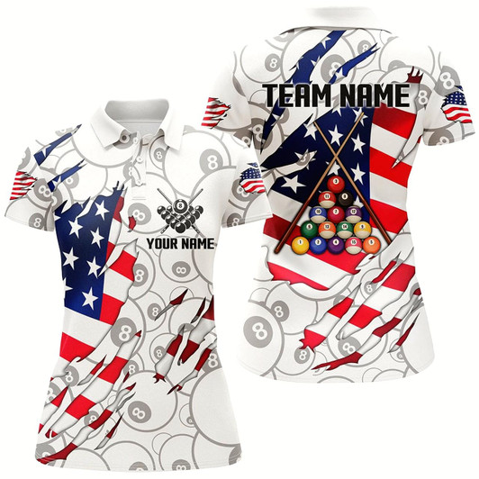Goofygearprints 8 Ball Pattern Us Flag Custom Billiard Polo Shirts For Women, Custom Pool Billiard Balls Jerseys