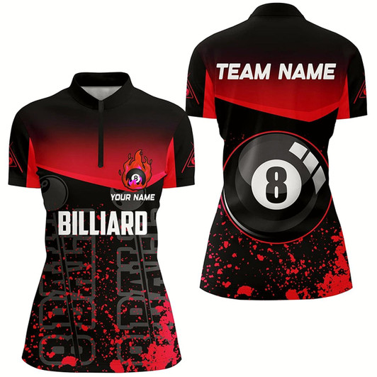 Goofygearprints Personalized Red Fire 8 Ball Pool Billiard Quarter-Zip Shirts For Women, 8 Ball Billiard Team Shirts