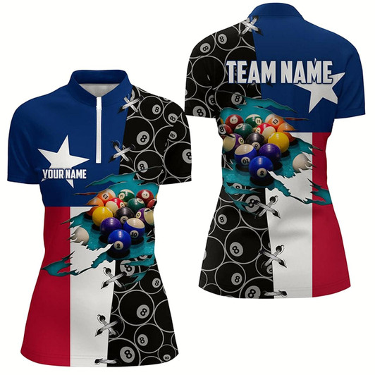 Goofygearprints Personalized Texas Flag Billiard Quarter-Zip Shirts For Women Custom 8 Ball Pattern Pool Balls Shirts