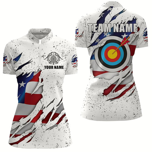 Goofygearprints Personalized White Grunge Us Flag Target Archery 3D Quarter-Zip Shirts For Women, Archery Team Shirts
