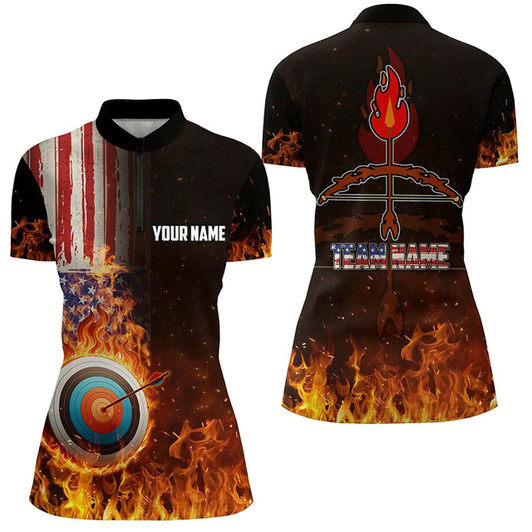 Goofygearprints Personalized Us Flag Flaming Target Archery 3D Quarter-Zip Shirts For Women, Bow Arrow Archery Shirts