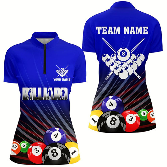Goofygearprints Personalized Blue Billiard Balls Women Quarter-Zip Shirts Custom Team Name Billiard Jerseys