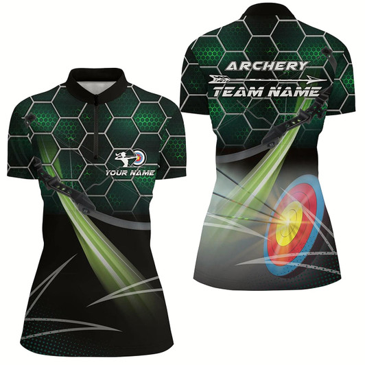 Goofygearprints Personalized Green 3D Target Archery Quarter-Zip Shirts For Women, Custom Arrow Archery Team Shirts Style 1