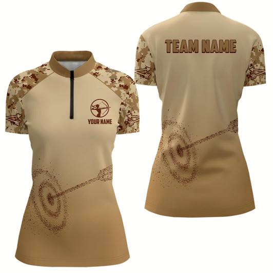 Goofygearprints Personalized Light Brown Camo 3D Target Archery Quarter-Zip Shirts For Women, Archery Team Shirts Style 1