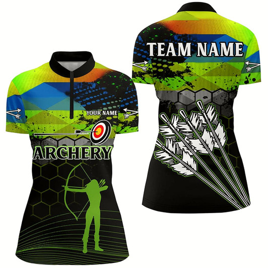 Goofygearprints Personalized Green Colors 3D Arrows Archery Quarter-Zip Shirts For Women, Silhouette Archer Shirts