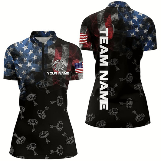 Goofygearprints Personalized Vintage Smoke Us Flag Archery 3D Quarter-Zip Shirts For Women, Archery Targets Jerseys