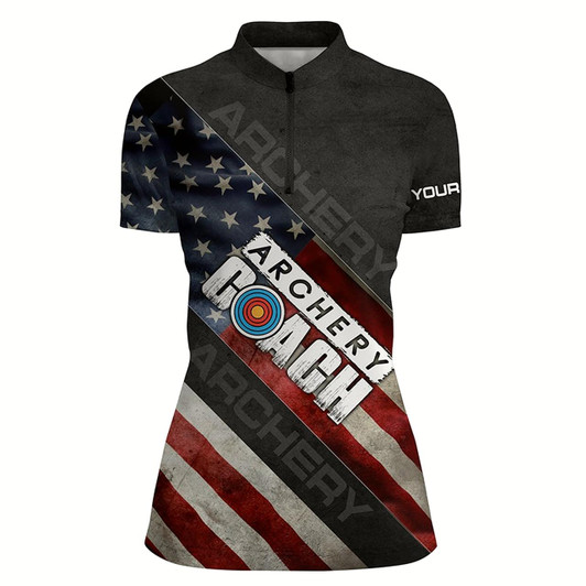 Goofygearprints Personalized Retro American Flag Archery Coach Quarter-Zip Shirts For Women, 3D Target Archery Shirts Style 2