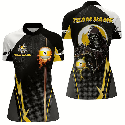 Goofygearprints Funny Death Skeleton Ball 9 Fire Custom Women Quarter-Zip Shirts, 9 Ball Billiard Jersey