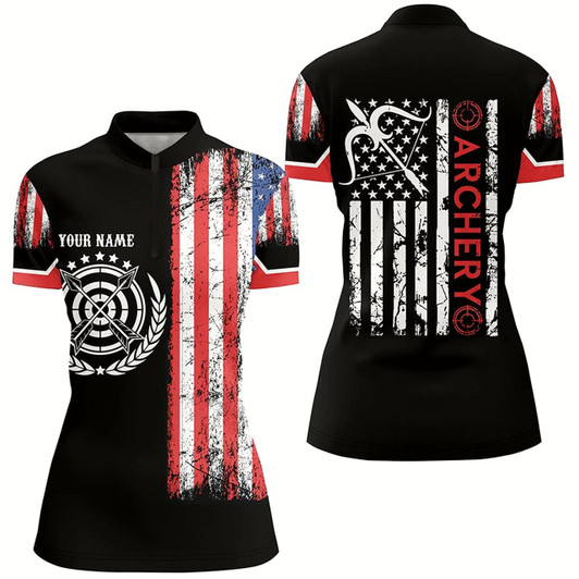 Goofygearprints Personalized Vintage American Flag Target Archery Quarter-Zip Shirts For Women, Bows Archery Jerseys