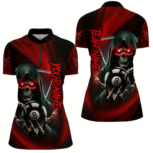 Goofygearprints Red Billiard Reaper Skull Holding 8 Ball Women Quarter-Zip Shirt Team League Billiard Jersey Style 1