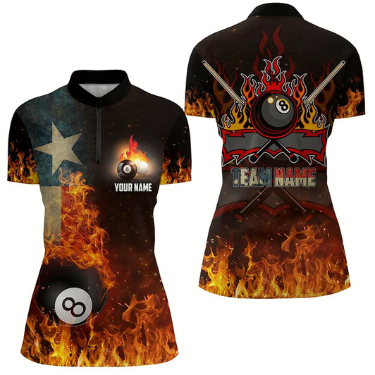 Goofygearprints Personalized Customized Texas Flag 8 Ball Pool On Fire 3D Billiard Quarter-Zip Shirts For Women