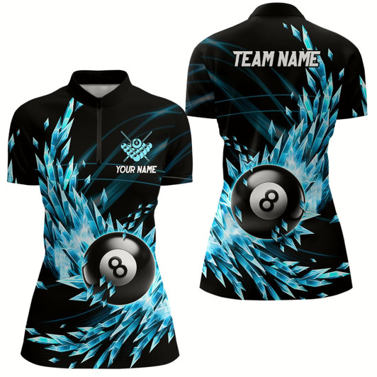 Goofygearprints 3D Blue Frozen Ice Women Billiard Quarter-Zip Shirts Custom 8 Ball Billiard Attire Jerseys