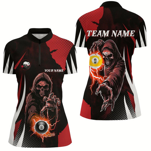 Goofygearprints Funny Red Death Skeleton Billiard 8 Ball & 9 Ball Women Quarter-Zip Shirts, Billiard Jersey