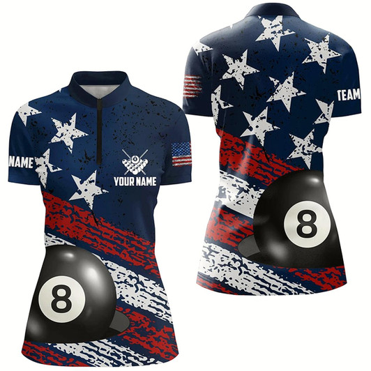 Goofygearprints Grunge Us Flag 8 Ball Pool Women Quarter-Zip Shirts Custom Patriotic Billiard Attire Jerseys