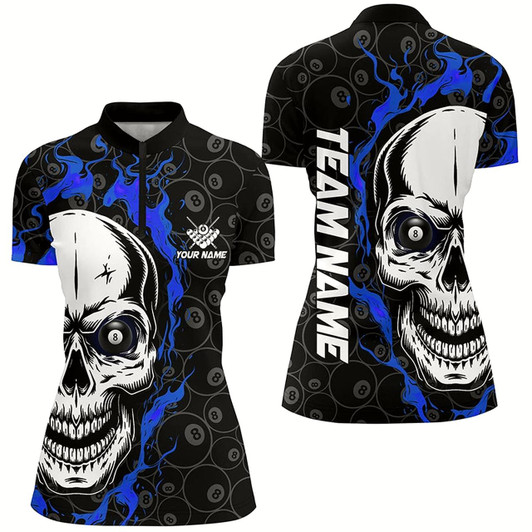 Goofygearprints Personalized Blue Flame Skull Billiard Women Quarter-Zip Shirts Custom Name Billiard Jerseys