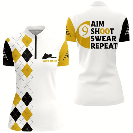 Goofygearprints Personalized Aim Shoot Swear Repeat 9 Ball Pool Yellow Billiards Quarter-Zip Shirts For Women