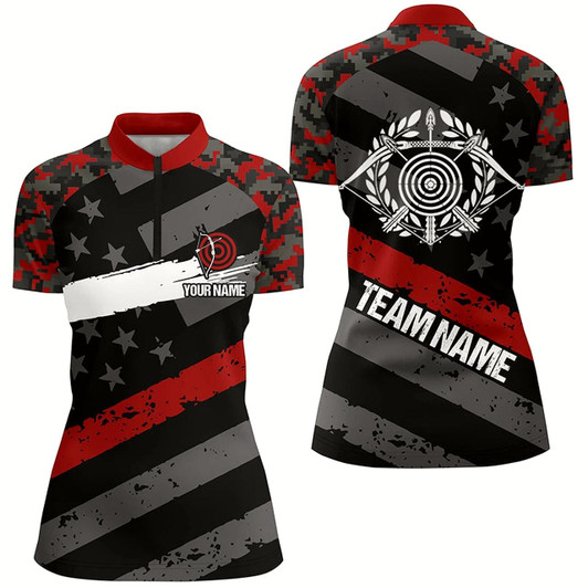 Goofygearprints Personalized Red Retro Us Flag Archery Quarter-Zip Shirts For Women Custom 3D Targets Archery Jerseys
