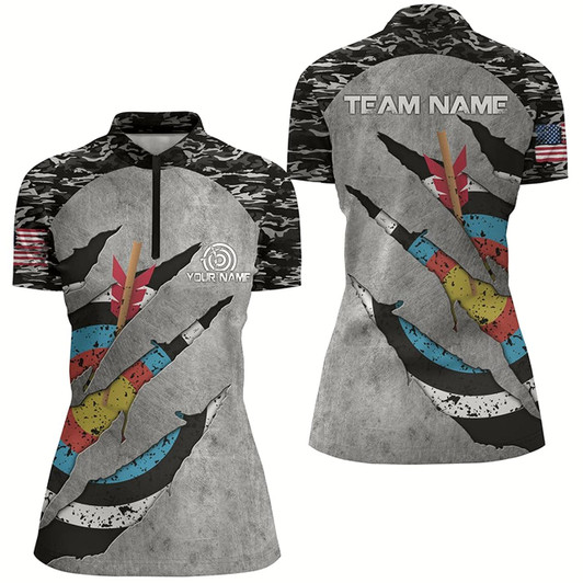 Goofygearprints Personalized Retro Camo Target Archery 3D Quarter-Zip Shirts For Women Custom Us Flag Archery Jerseys Style 2
