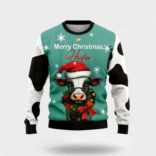 Goofygearprints Merry Christmas Heifers Ugly Christmas Sweater, Farm Sweater, Christmas Gift, Best Winter Outfit Christmas