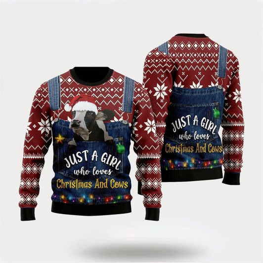 Goofygearprints Dairy Cow Just A Girl Who Loves Christmas Ugly Christmas Sweater, Farm Sweater, Christmas Gift, Best Winter Outfit Christmas