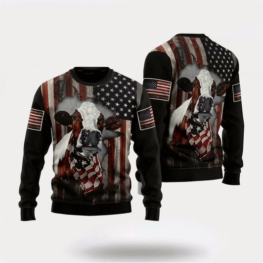 Goofygearprints Cow American Flag Patriotic Ugly Christmas Sweater, Farm Sweater, Christmas Gift, Best Winter Outfit Christmas