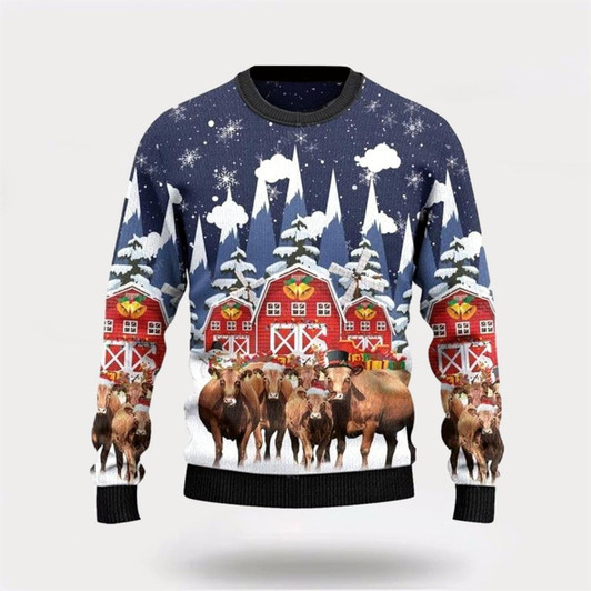 Goofygearprints Angus Cattle Red Barn Farm Ugly Christmas Sweater, Farm Sweater, Christmas Gift, Best Winter Outfit Christmas