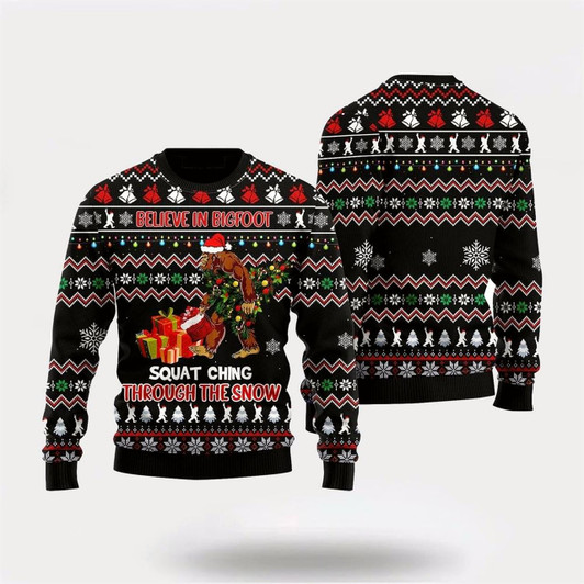 Goofygearprints Bigfoot Ugly Sweater, Believe In Bigfoot Squat Ugly Christmas Sweater For Men, Best Gift For Christmas, Christmas Fashion Winter