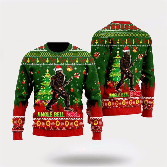 Goofygearprints Bigfoot Playing Guitar Jingle Bell Rock Ugly Christmas Sweater For Men, Best Gift For Christmas, Christmas Fashion Winter