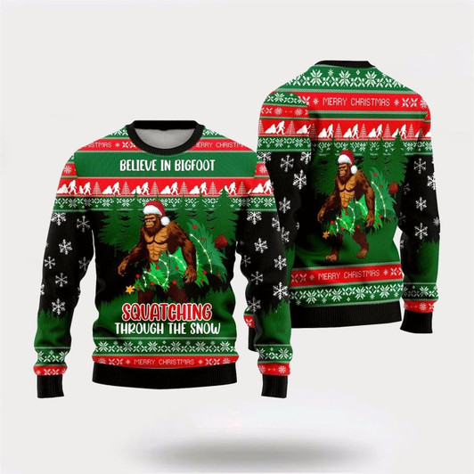 Goofygearprints Believe In Bigfoot Squatching Through The Snow Ugly Christmas Sweater For Men, Best Gift For Christmas, Christmas Fashion Winter