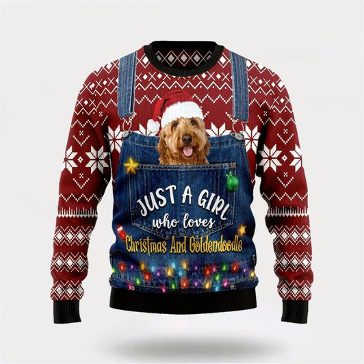 Goofygearprints Just A Girl Who Loves Christmas And Goldendoodle Ugly Christmas Sweater For Men And Women, Gift For Christmas, Best Winter Christmas Outfit