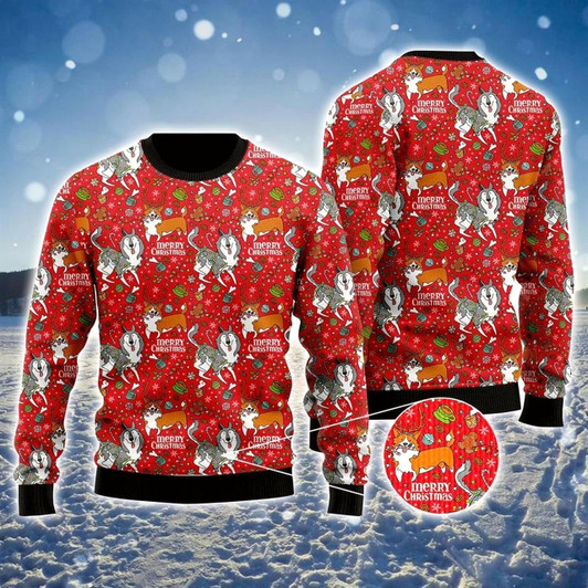Goofygearprints Husky Corgi Merry Christmas Ugly Christmas Sweater For Men And Women, Gift For Christmas, Best Winter Christmas Outfit