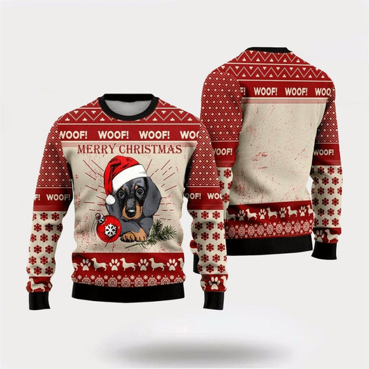 Goofygearprints Christmas Dachshund Woof Merry Christmas Ugly Christmas Sweater For Men And Women, Gift For Christmas, Best Winter Christmas Outfit