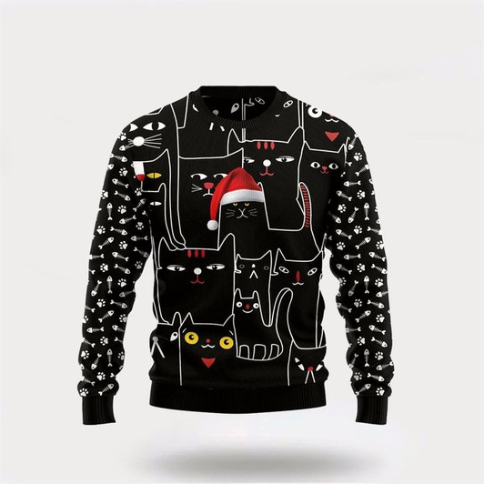 Goofygearprints Black Cat With Noel Hat Ugly Christmas Sweater For Men And Women, Best Gift For Christmas, Christmas Fashion Winter